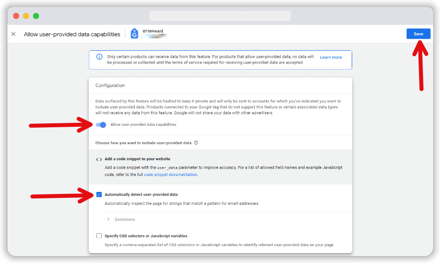 Checkbox to automatically detect user-provided data highlighted