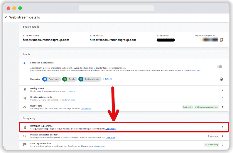 'Configure tag setting' highlighted in stream details section of a google analytics account