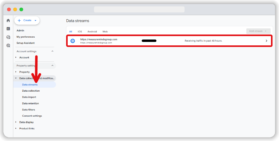 Data stream highlighted in a google analytics admin section