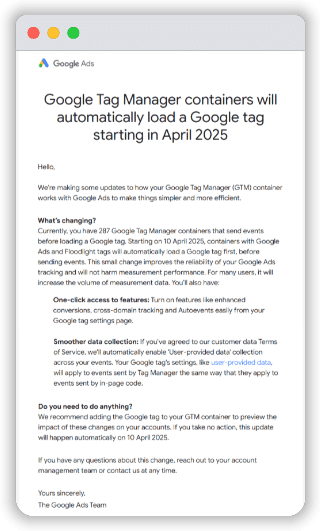 Email sent via Google team regarding google ads & floodlight tags update