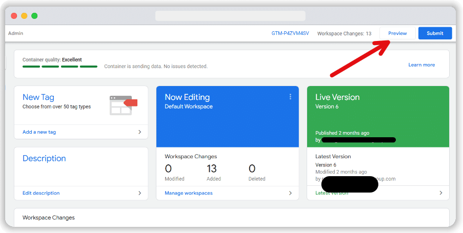 Preview mode button pointed in a GTM account