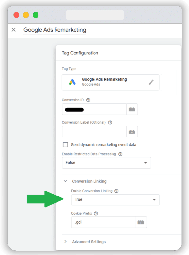 Screenshot of Google ads remarketing tag