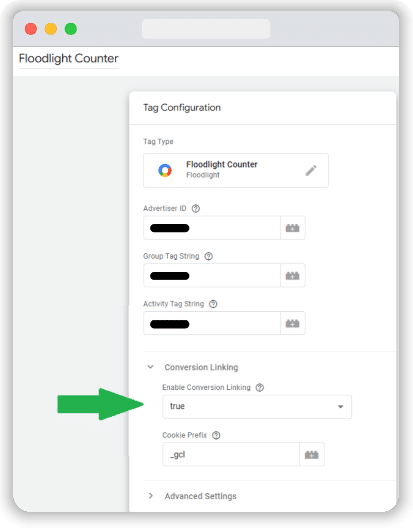 Screenshot of Google floodlight counter tag