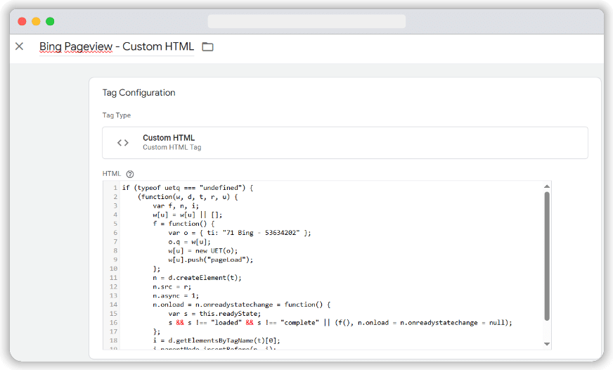 Screenshot of a Bing custom HTML tag