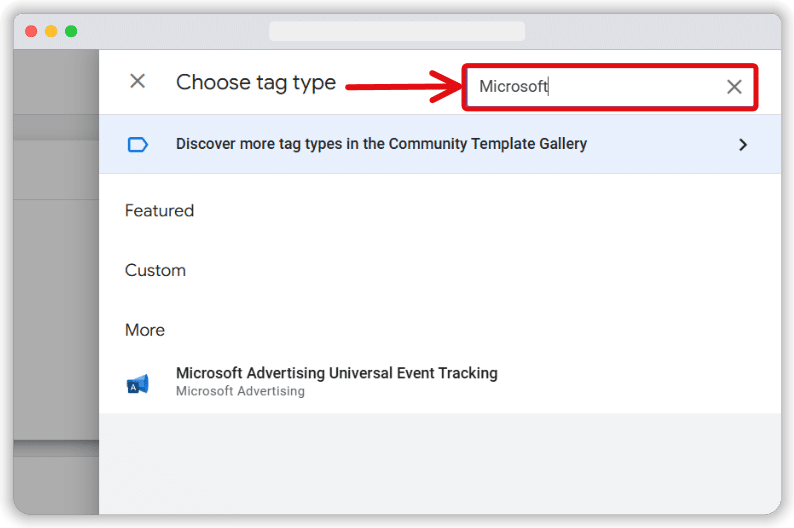Search box of the tag template gallery highlighted