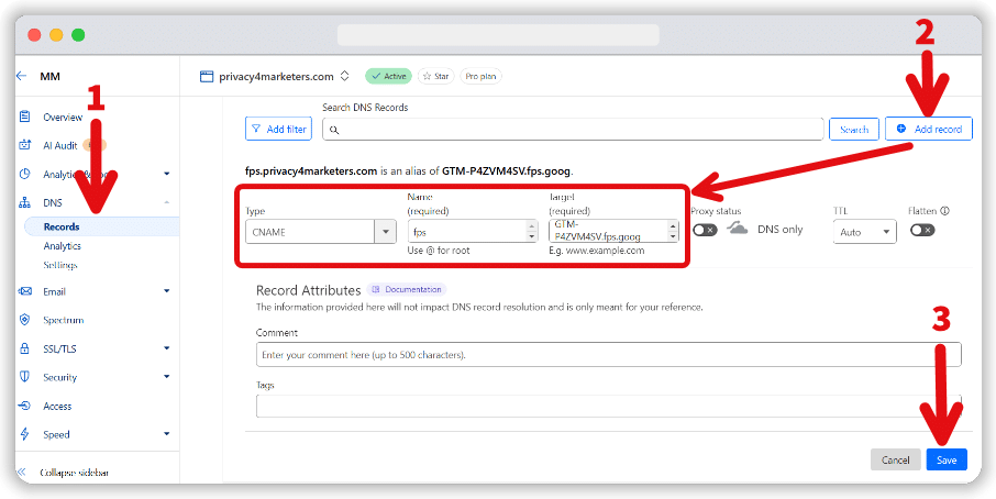 Steps of adding a new CNAME type DNS record in Cloudflare