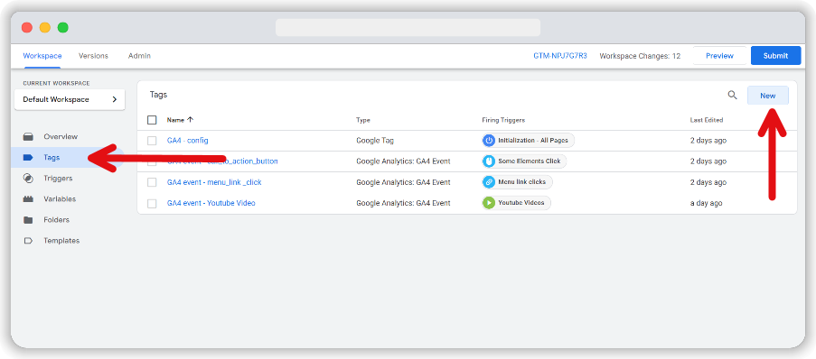 Steps to create a new tag highlighted with pointers
