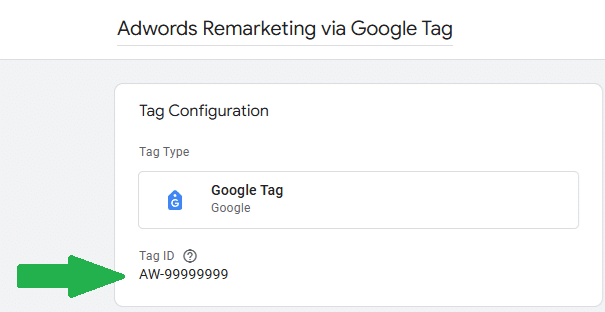 Tag id indicated for a google ads remarketing tag