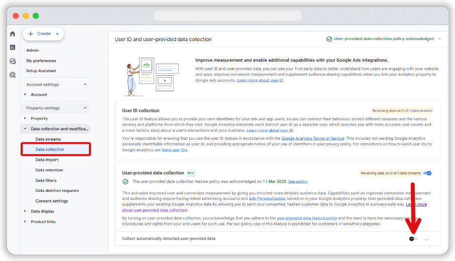 Toggle button to turn off collecting automatically-detected user-provided data in GA4