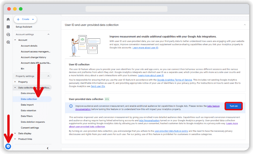 'Turn on' button highlighted in the data collection setting in GA4 admin section