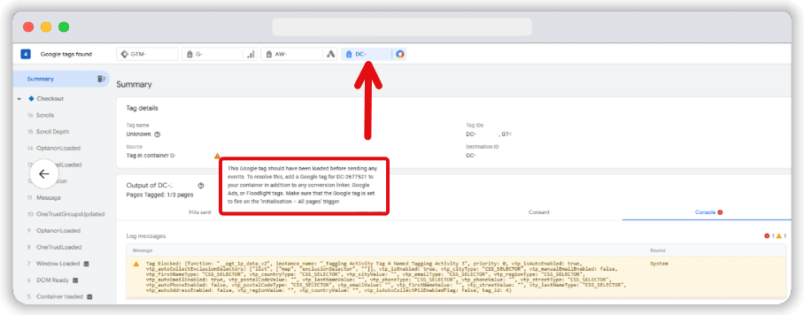 Warning message for floodlight tags in GTM