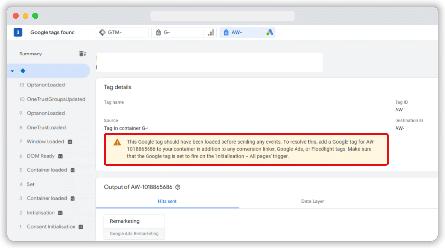 Warning message shown for google ads tag in GTM