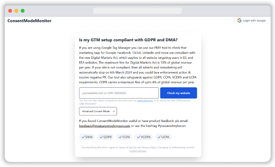homepage of consent mode monitor