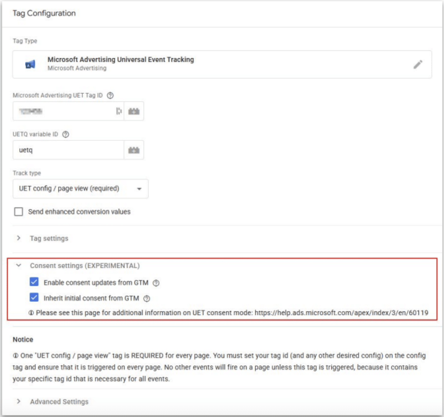 Checkbox to inherit initial consent from GTM highlighted