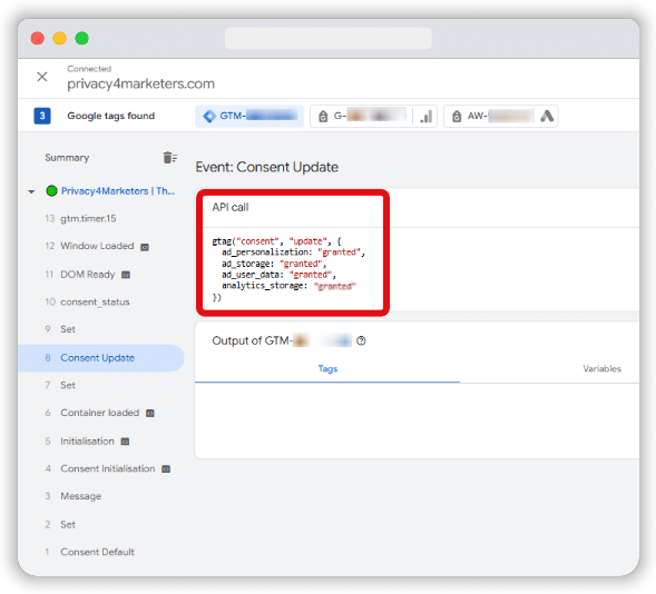 API call section after the consent is updated