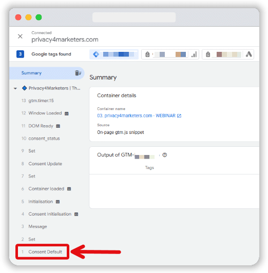 Consent Default event is highlighted from the tag assistant preview window