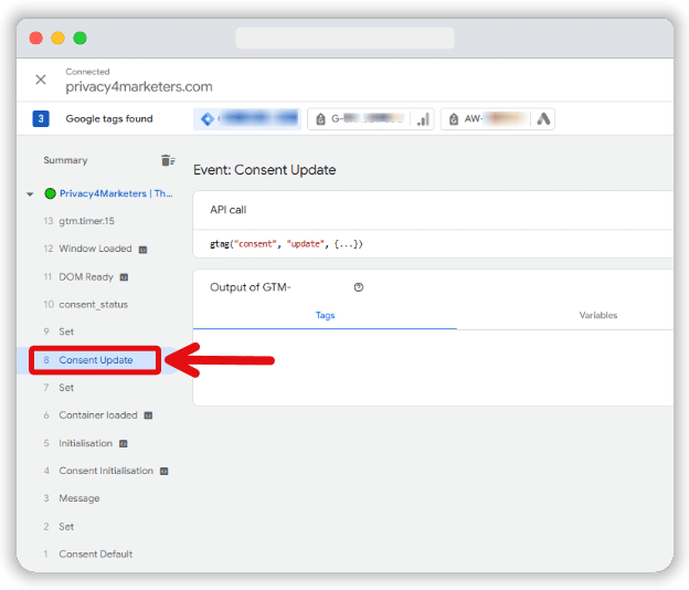 Consent Upate event highlighted in tag assistant preview tab