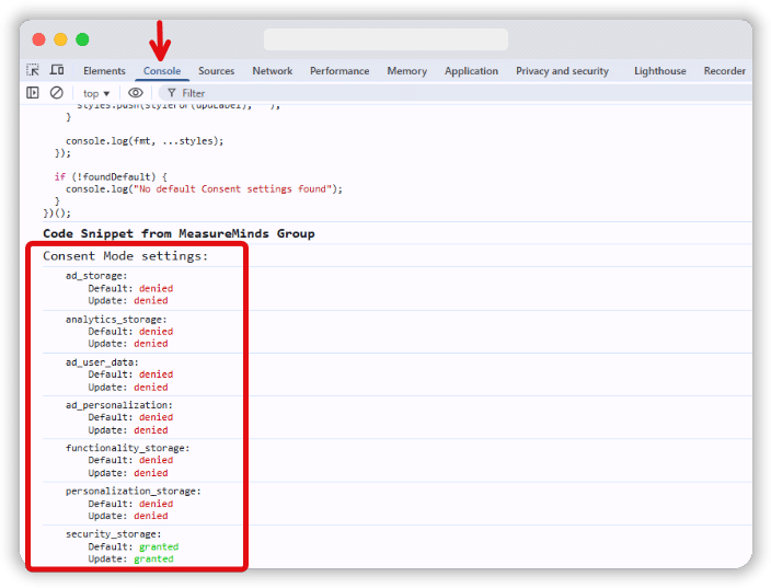 Default consent setting shown in the console tab of developer tools