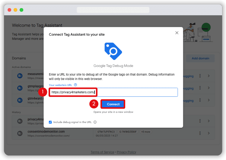 Tag assistant window to connect the preview mode of GTM
