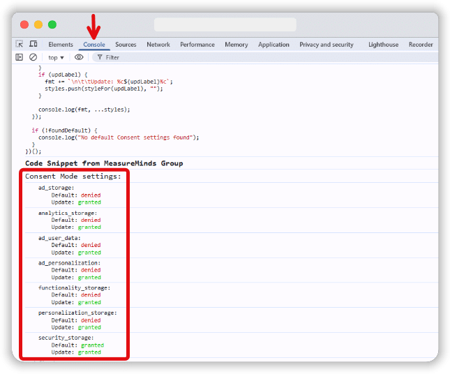 Updated consent setting highlighted in the console tab of developer tools