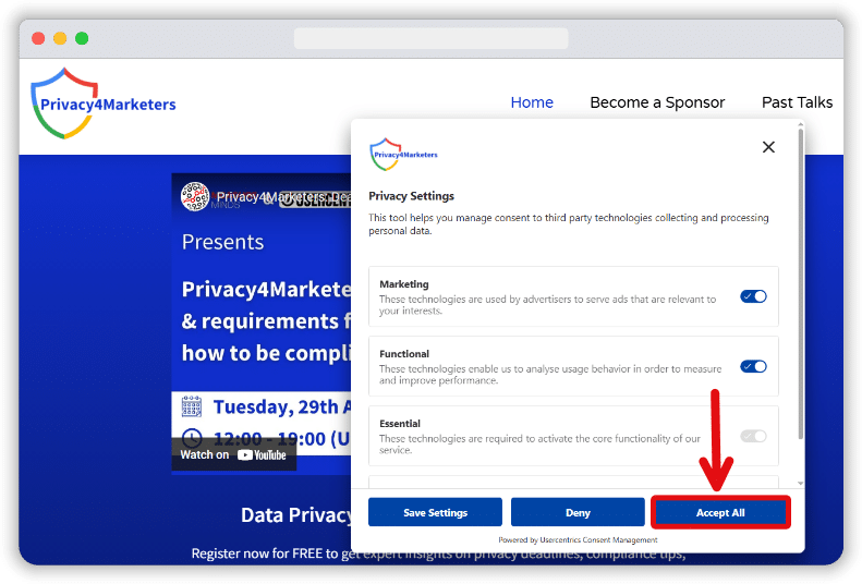 consent banner of a website