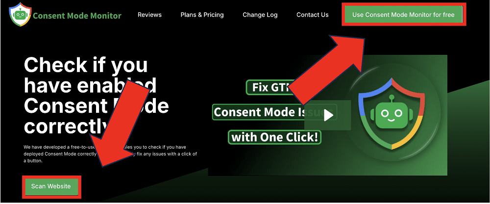 Buttons are highlighted at the homepage of the consent mode monitor