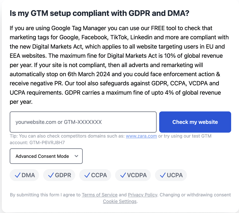Screenshot of the homepage of the consent mode monitor tool