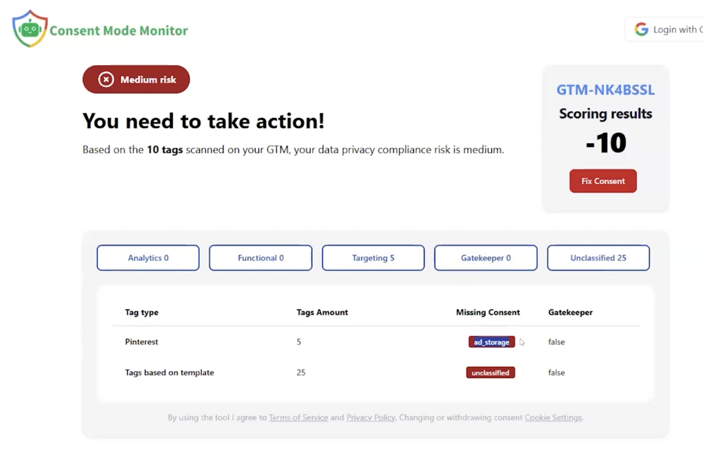 Scan result of a site in consent mode monitor