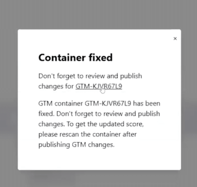 Pop message that Consent Mode monitor shows when it has fixed the tags with missing consent