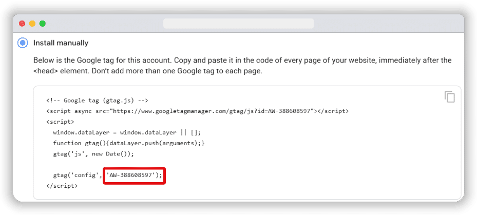 AW id highlighted from the Google ads Google tag code snippet