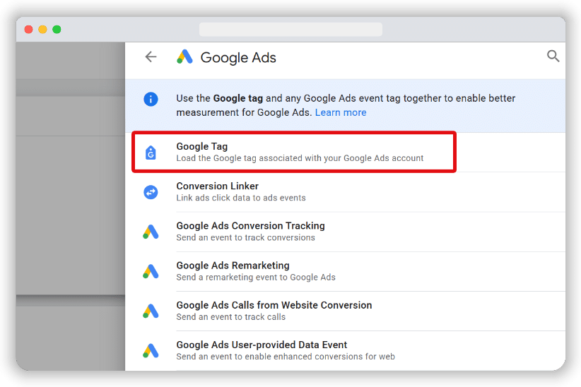 Choosing Google Tag from the Google Ads tag templates