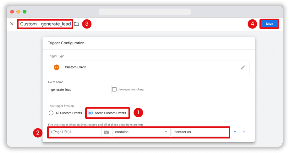 Configuring custom event trigger to fire on specific events