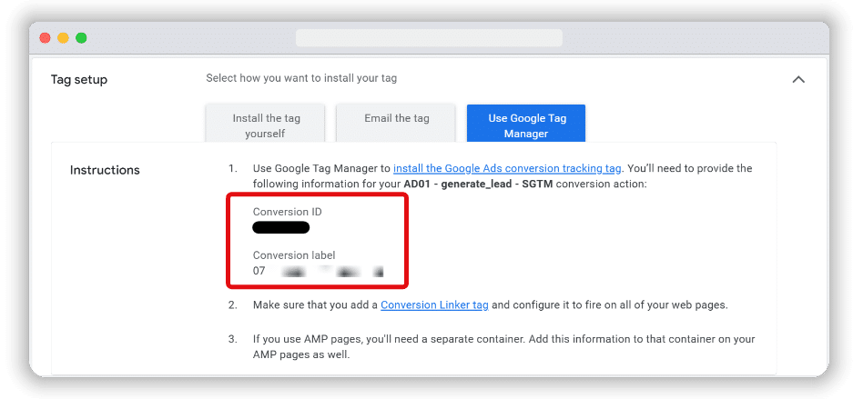 Conversion ID and label inside the google ads