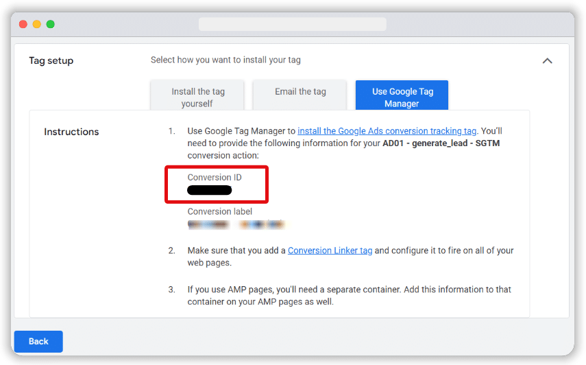 Conversion ID highlighted for a perticular Google ads conversion action