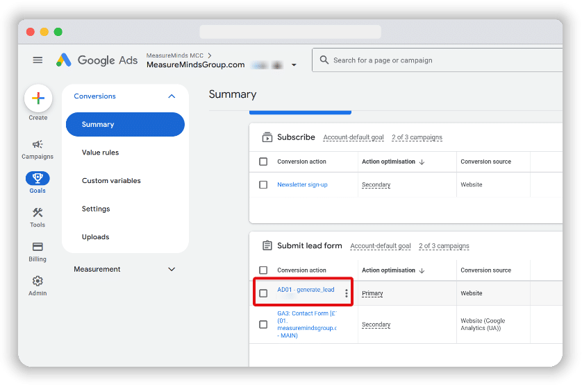Conversion action highlighted from the list of goals