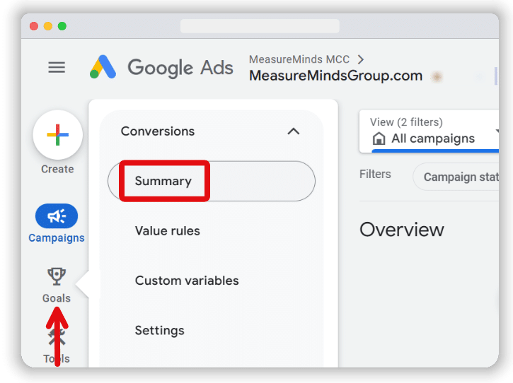 Conversion summary section highlighted from a google ads account