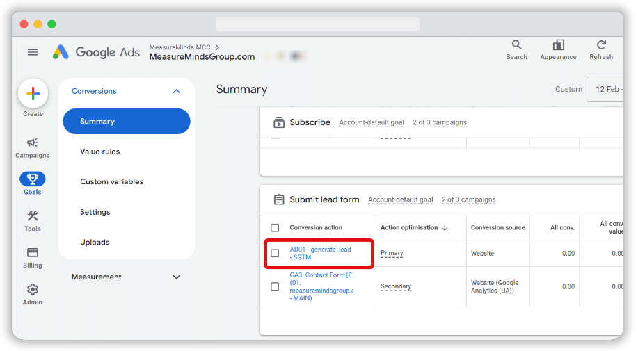 Conversions list inside a google account