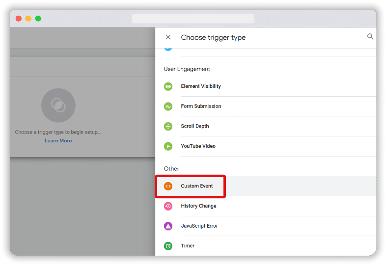 Custom event trigger type in the trigger list highlighted