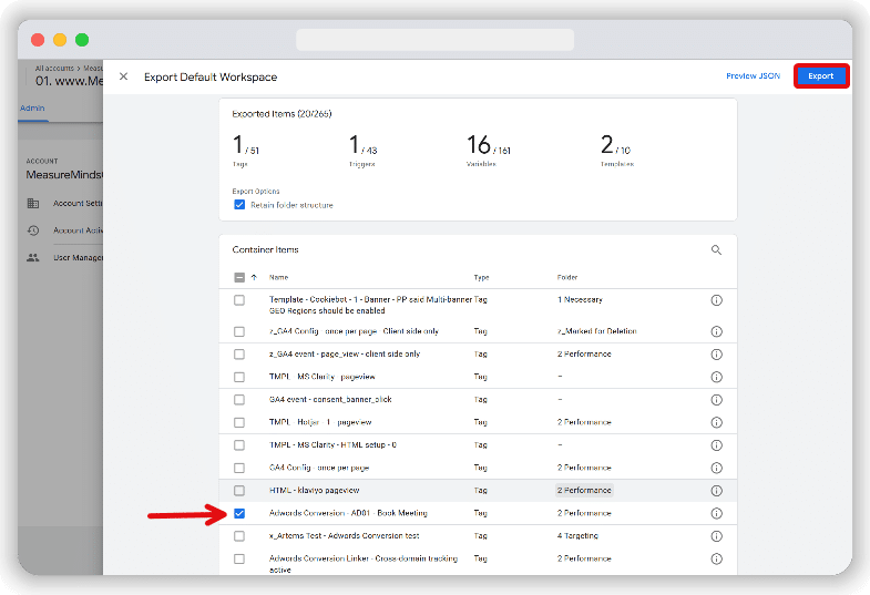 Exporting the GTM container with the correct tag, trigger & template