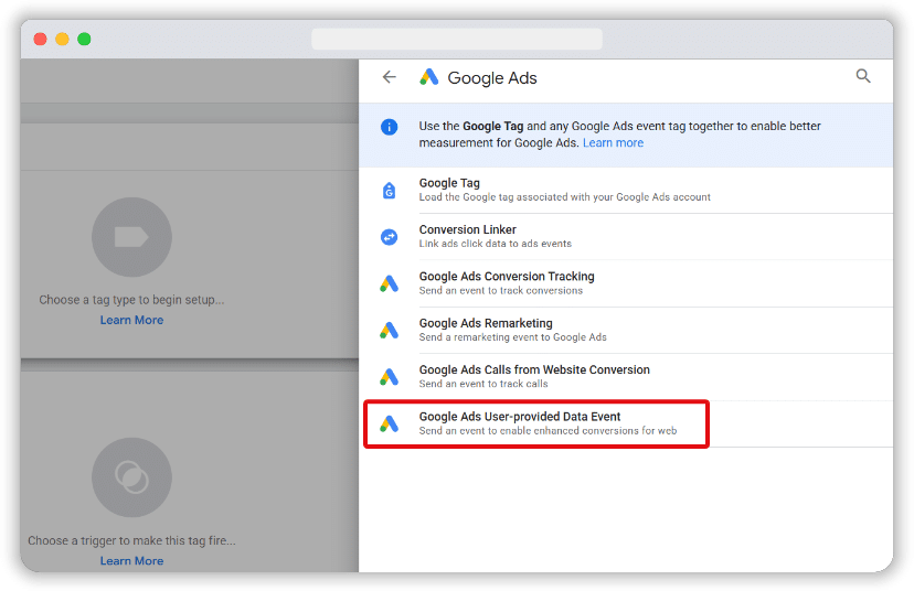 Google Ads User-provided Data Event tag from tag type list