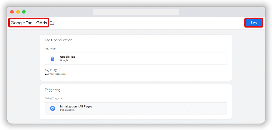 Name of a GTM tag and Save button highlighted