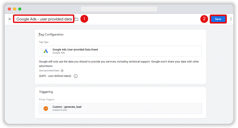 Place to name and save a GTM tag highlighted