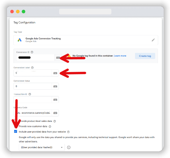 Putting convesion id and label to Google Ads tag