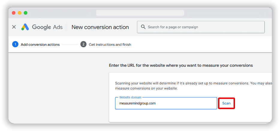 Scan button highlighted inside google ads conversion creation process