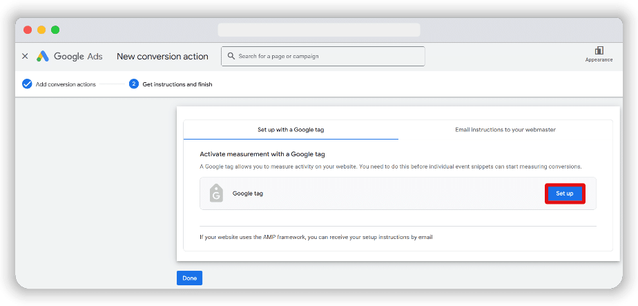 Set up button is highlighted in conversion action implementation page