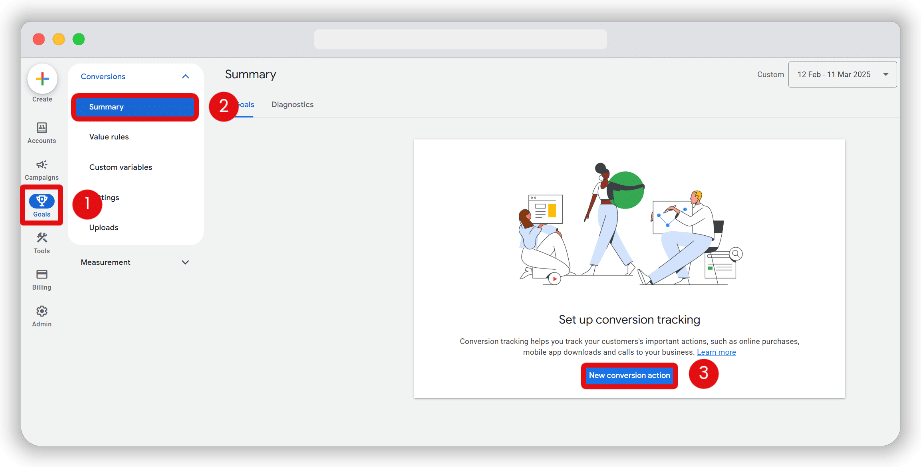 Steps to create a new conversion action in google ads