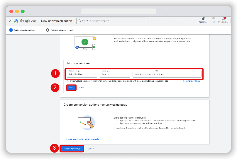 Steps to specify a conversion action to track in google ads