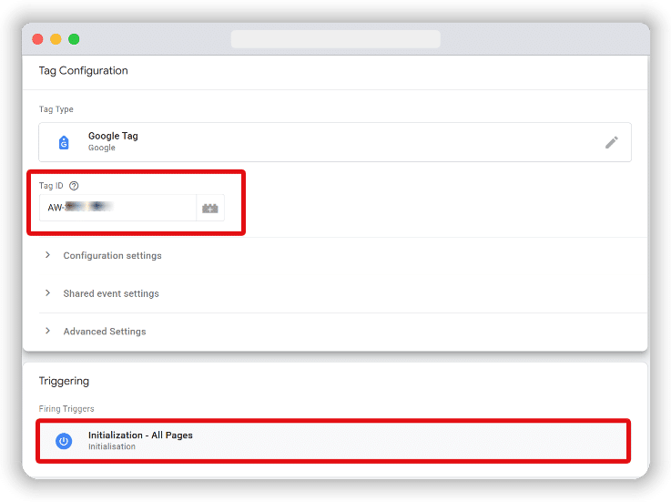 Tag id input field & Triggering section highlighted in a GTM tag