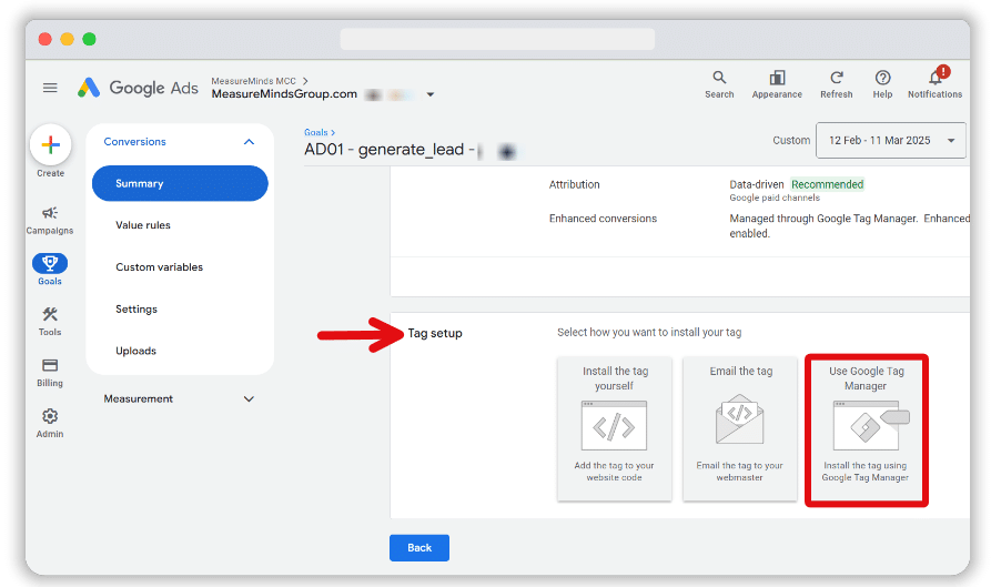 Tag setup section options highlighted for a conversion action inside a google ads account