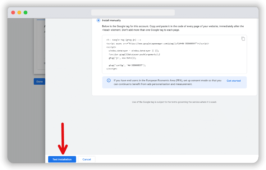 Test installation button indicated to test Google tag set up in google ads